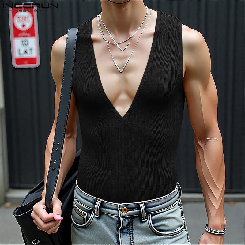 INCERUN Summer Men Deep V Sleeveless Solid Casual Fitted Rib Tank Tops Undershirts