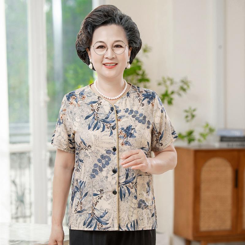 Elderly Women s Floral Bamboo Print Short Sleeve Blouse V-Neck Button-Down Shirt with Pockets Lightweight and Breathable Comfortable Loose-Fit Top XL