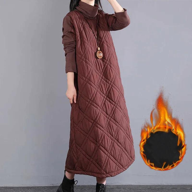 Plus Size Women's Turtleneck Cotton-padded Coat Women's Long Skirt Dress Women's Autumn and Winter Over-the-knee Quilted Thickened Bottoming Skirt