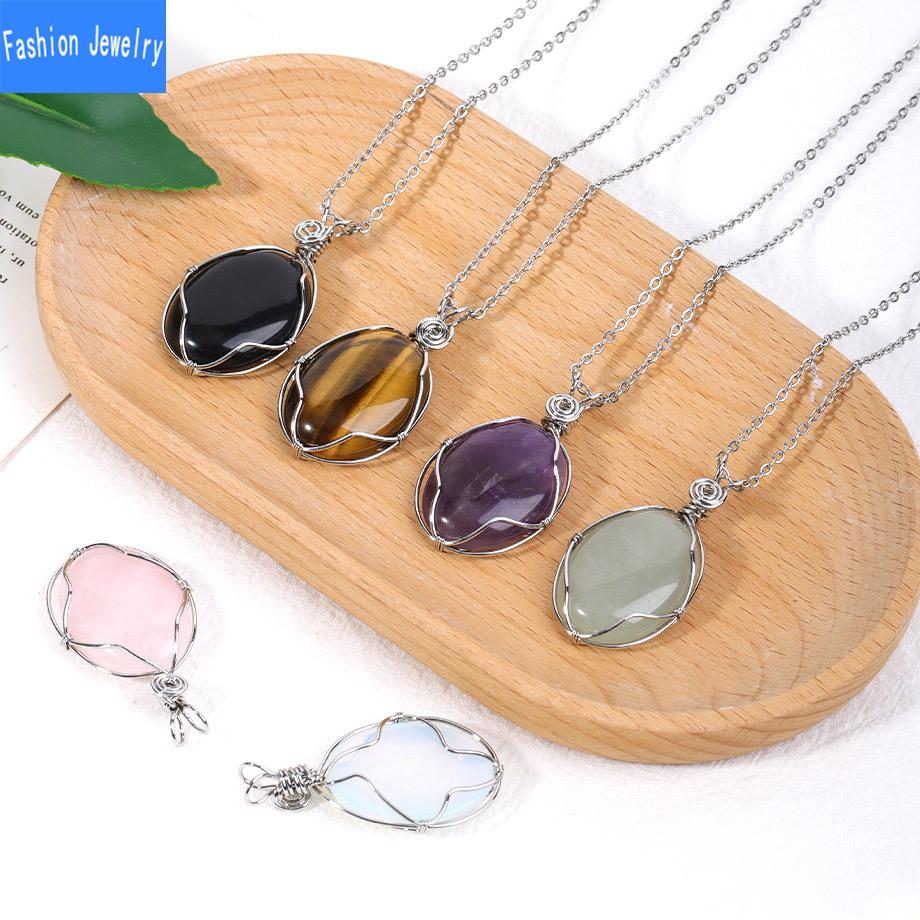 European and American fashion natural crystal stone denier-shaped hand-wound pendant amethyst tiger eye stone necklace jewelry