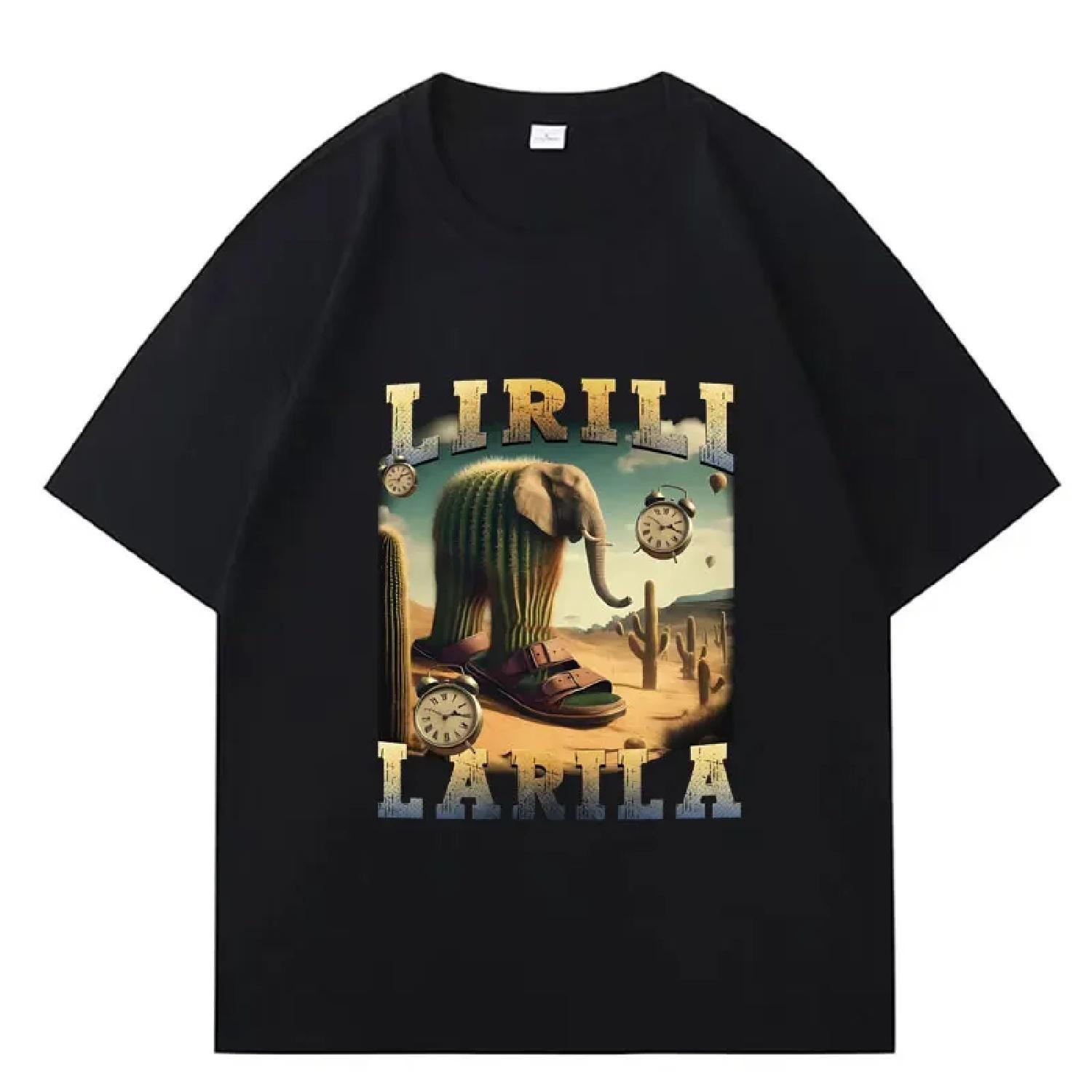 Lirili Larila Funny Cactus Elephant Meme T-shirt Italian Brainrot Harajuku High Street Tee Shirt Unisex Oversized Cotton T Shirt S