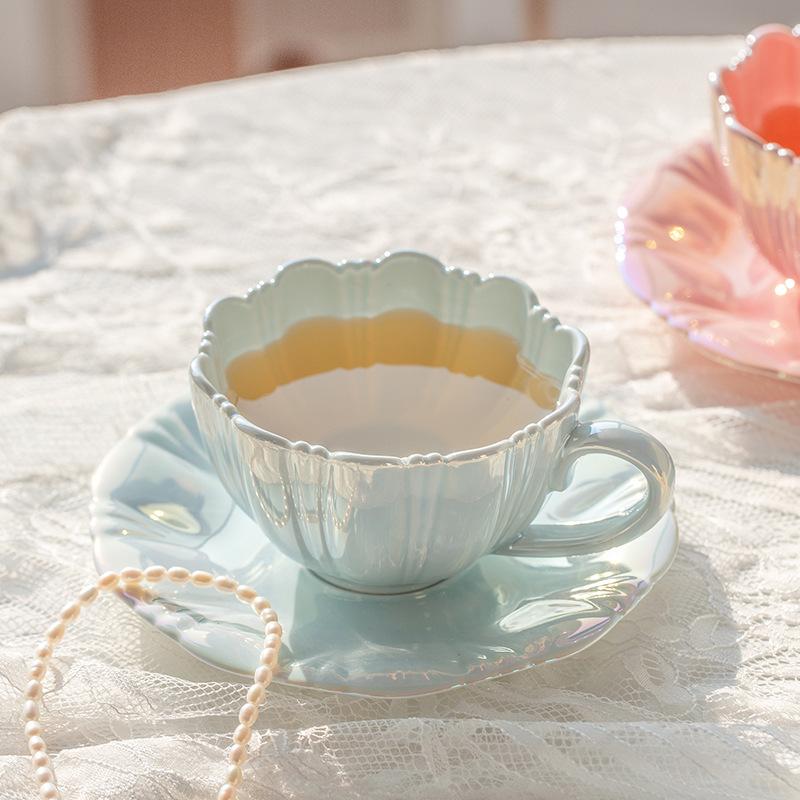 Yiran Toy 1 Pink/White/Blue Petal Coffee Cup Saucer Set Ceramic Cup Gift Cup Afternoon Tea Mug Ins Water Cup High Appearance
