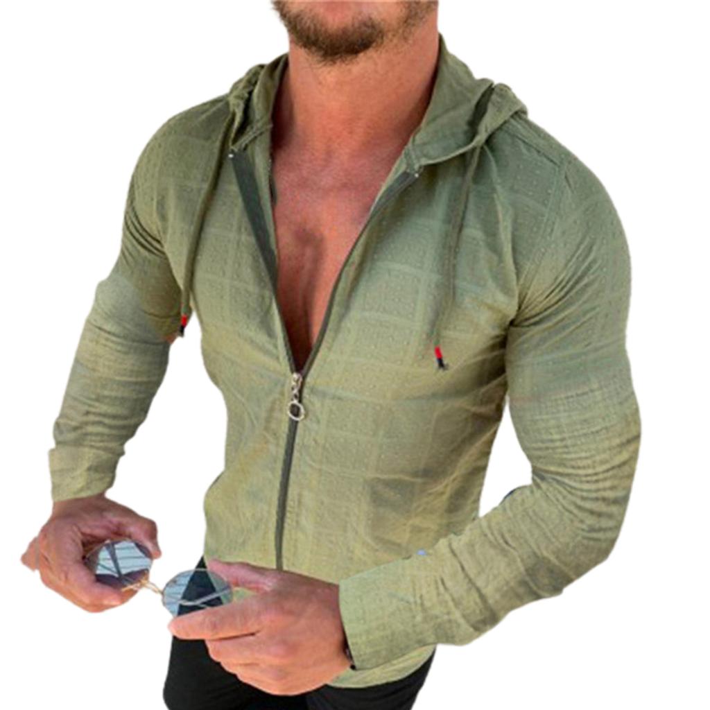 Fashion Long/Short Sleeved Hoodie Zipper T Shirt Men Clothing Summer Solid Color Casual Plaid Print Open Stitch Thin Tshirt Mens