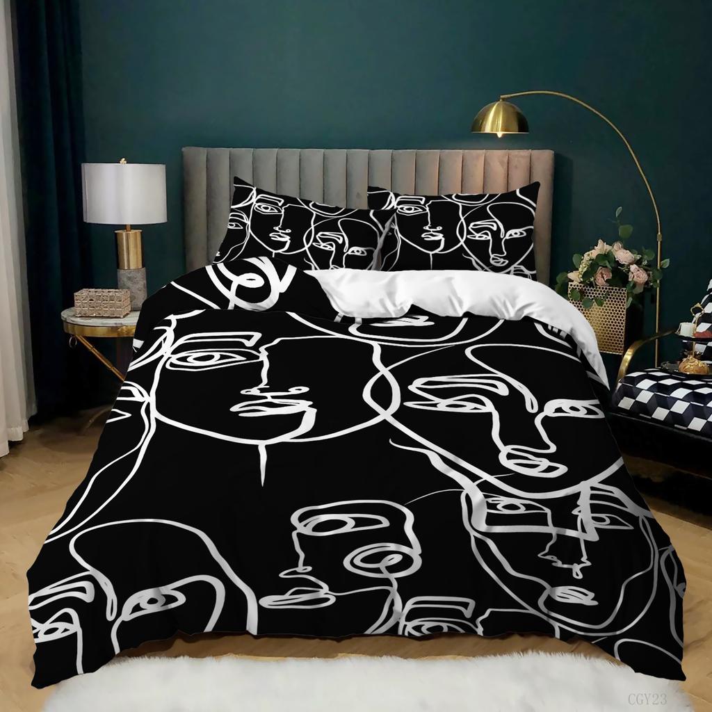 Black And White Simple Bedding Kit Digital Printing Quilt Cover Pillowcase Three-Piece Set