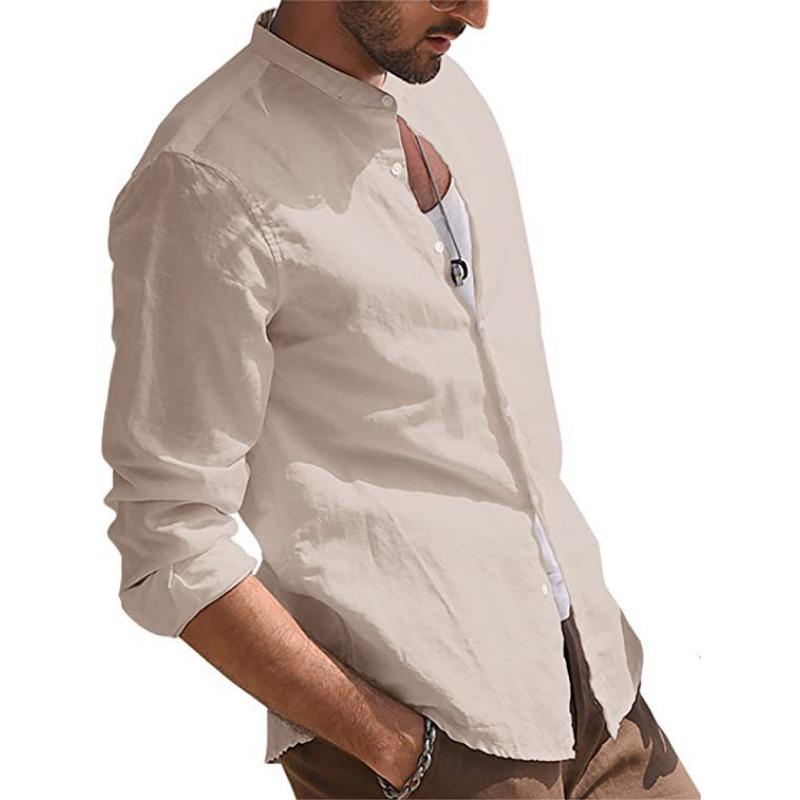 Mens Retro Casual Loose Long Sleeve Stand Collar Solid Shirt