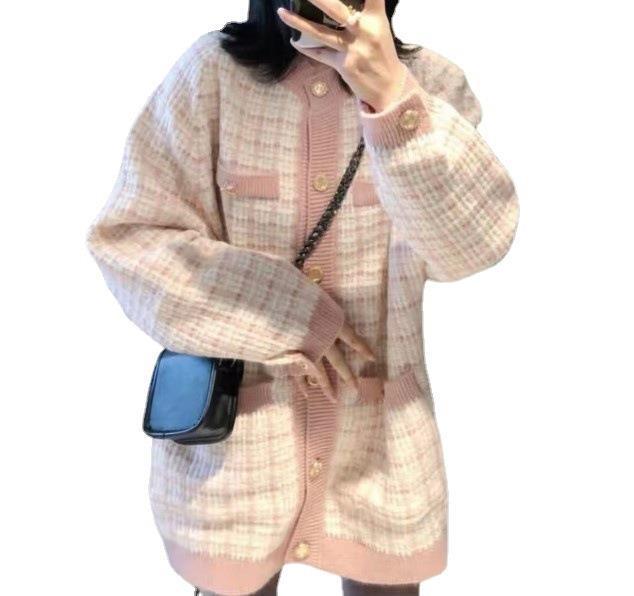 Women's Loose Houndstooth Knit Cardigan - Korean Style, Autumn 2026