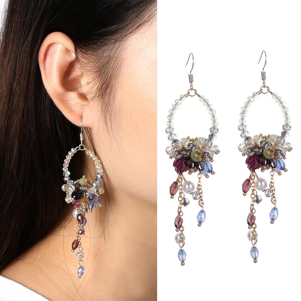 New Fashion 1 Pair Statement Flower Crystal Bead Tassel Fringed Earrings For Women Rhinestone Long Chain Crystal Drop Earrings