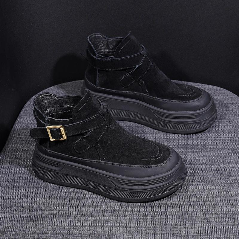 Platform Women's Short Ankle Boots Suede Belt Buckle Designer Flats Brand 2025 Trend Walking Comfort Winter Suede Sneakers