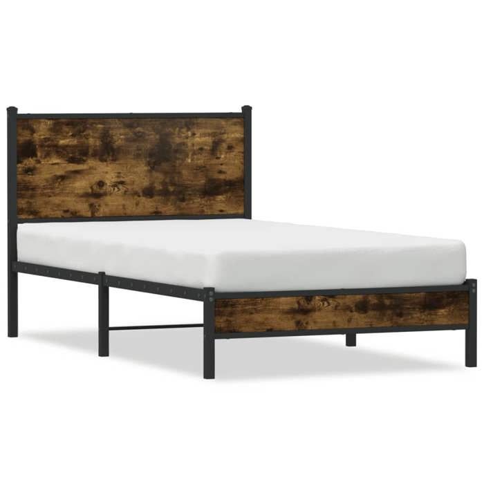 VidaXL Metal Bed Frames with Smoked Oak Headboard 100x200 Cm, Single Bed, Bedroom Furniture, Guest Bed, 4007809