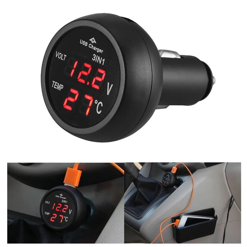 2/1PCS 3-in-1 12V/24V Car Volt Meter LCD Digital Display Car Voltmeter Thermometer Car USB Charger Current Meter Volt Detector