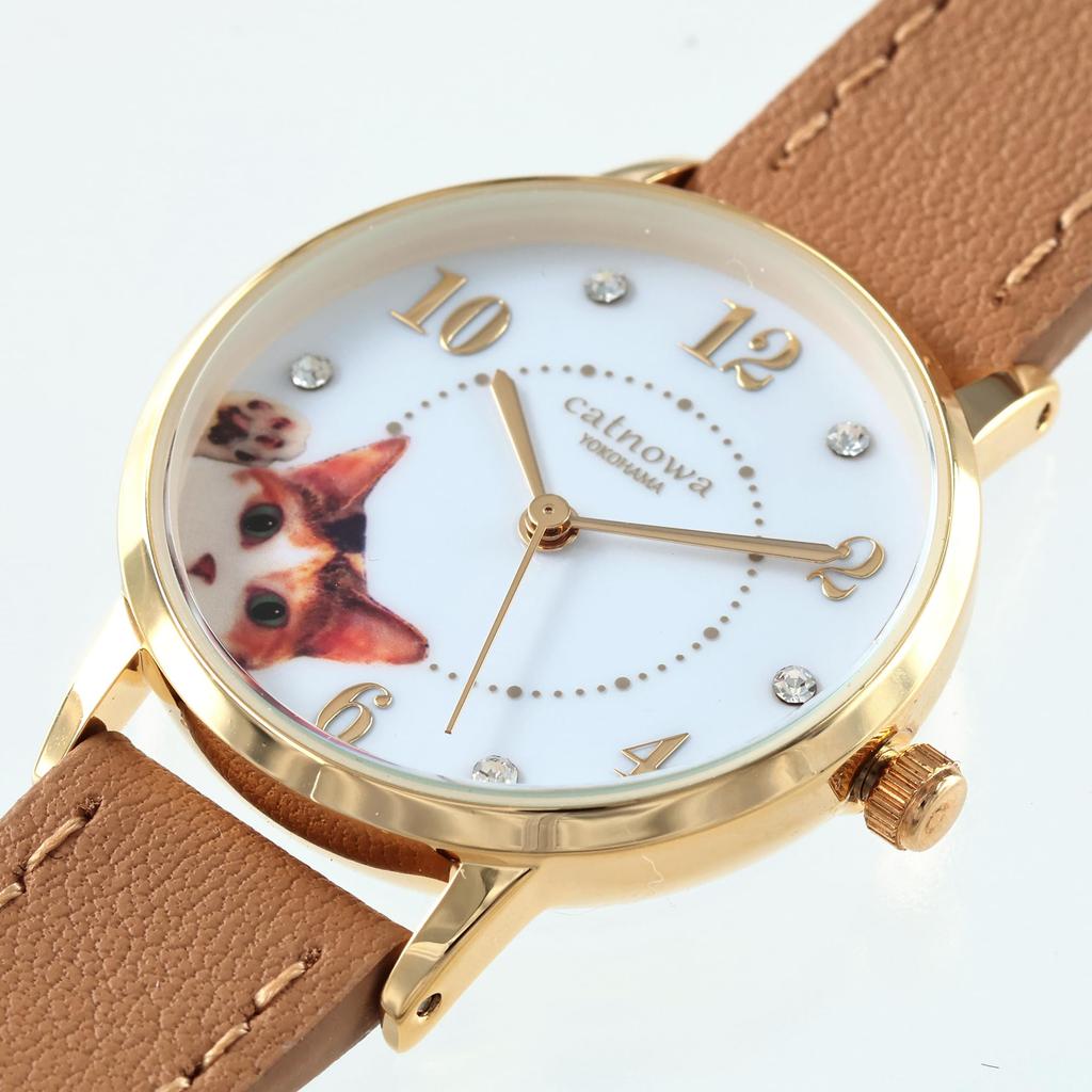 Calico Cat Beckoning Cat Genuine Leather Wristwatch, Beige
