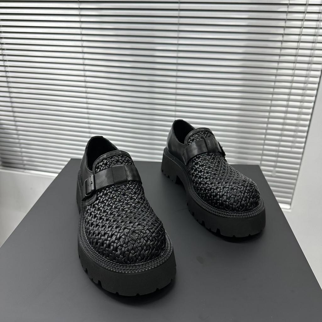 Genuine Leather Men's Shoes 2025 New High-end Woven Hollow Breathable Loafers British Style Platform Trend Big Head Shoes Men