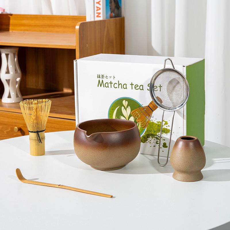 5-8pcs INS coarse pottery gradual change color tea stand matcha bowl set to order tea retro Matcha whisk set of tea tools