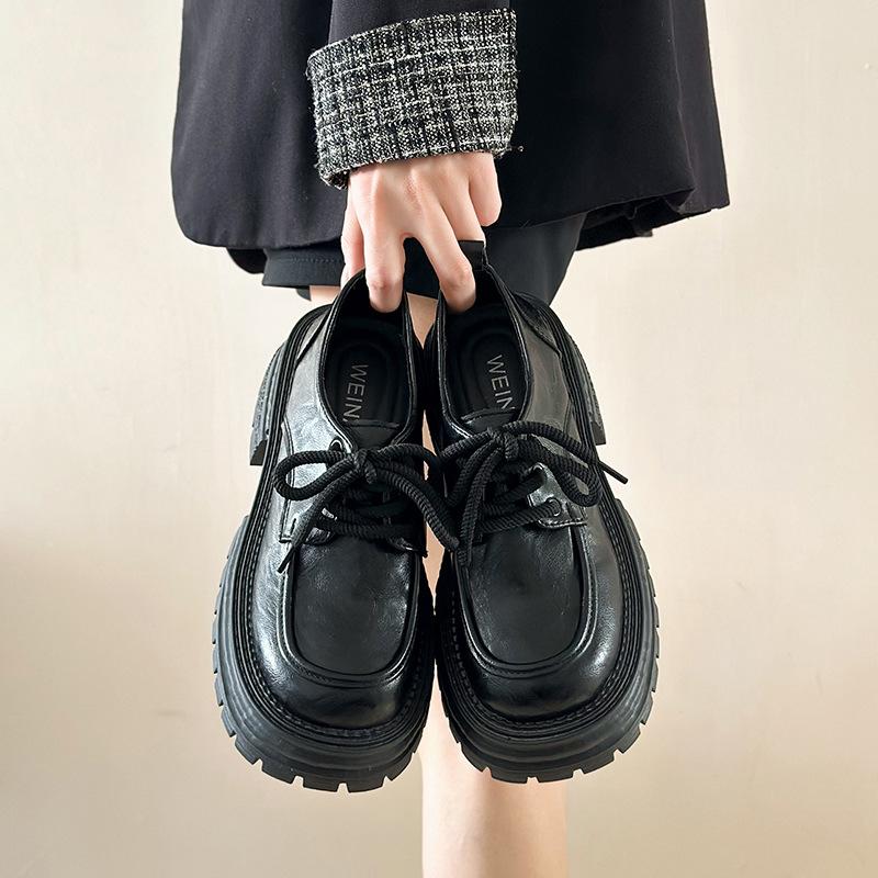 

Thick-soled heightening loafers 2025 new spring and autumn women s shoes lace-up round head single shoes popular British style small leather shoes 35