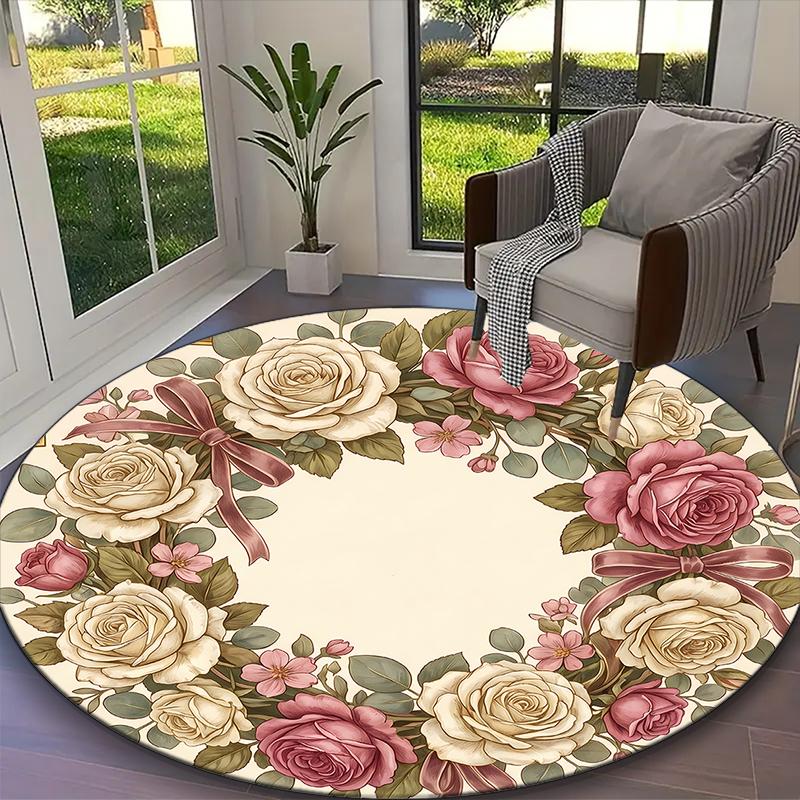 [1pc Elegant Rose Ribbon Wreath Office Carpet] Easy Maintenance Chair Rug for Conference Room Use, Durable Round Sofa Floor Mat