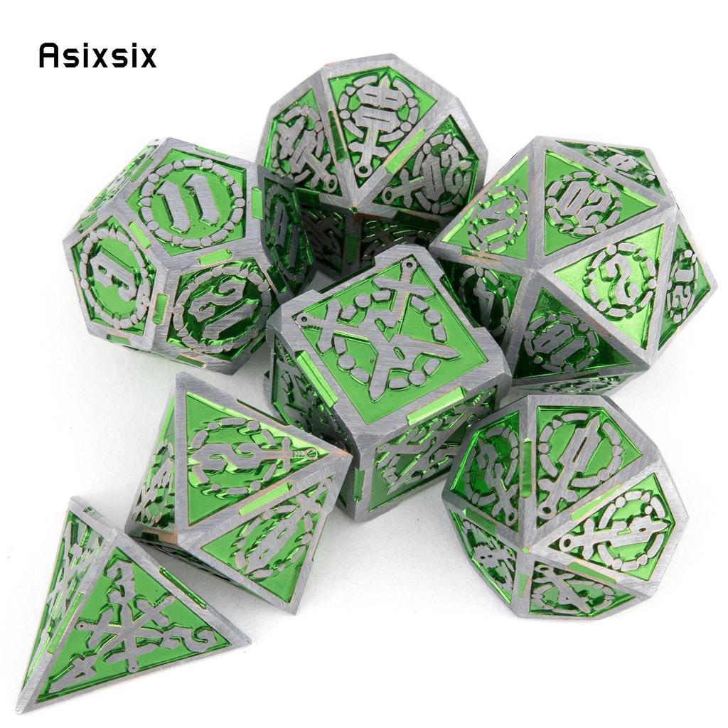 7 Pcs Green Silver Double Swords Metal Dice Solid Polyhedral Dice Set Suitable for Role-Playing RPG   Pathfinder Board Game