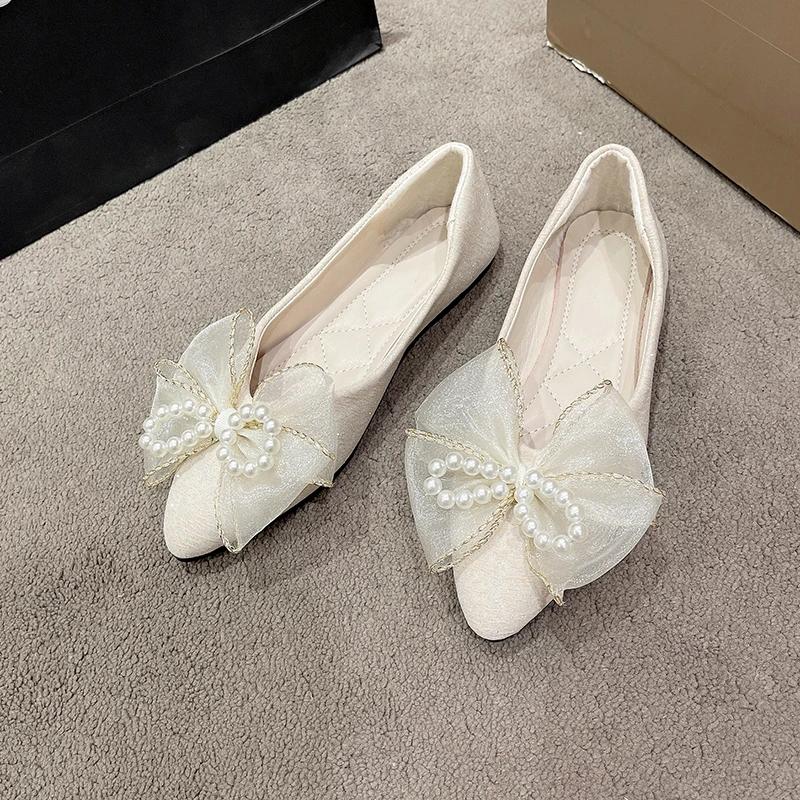 Fashion Women's Shoes 2024 Brand Shallow Women's Flats Fashion Butterfly-knot Daily Flats Women New Plus Size String Bead Flat Shoes