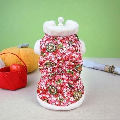 Pet Cotton Coat Autumn Winter Chinese New Year Floral Print Large Bowknot White Plush Collar Sleeves Warm Two-legged Dog Puppy Cat Outfit Clothes