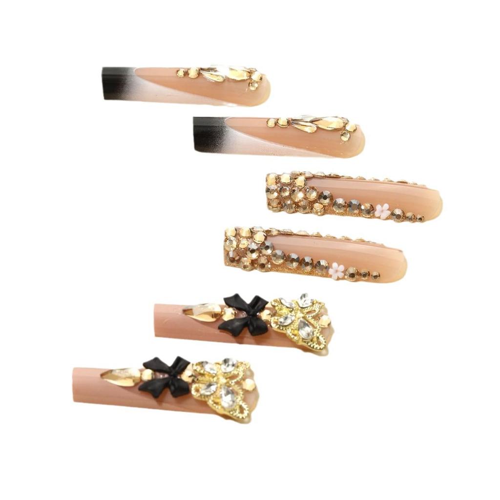 Unghii False Rectangulare Medii-Lungi European-American Negru Vârf Francez Fluture 3D Detașabile Purtabile - Unghii False