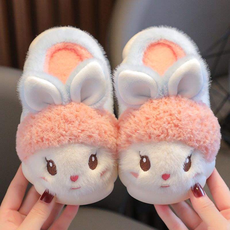 Girls cotton slippers autumn and winter children cute rabbit plush cotton mop boy baby winter indoor thickened bag heel cotton shoes