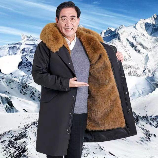 Men's Mid-Length Thickened Parka with Removable Fox Fur Liner and Fur Lining - Winter Coat