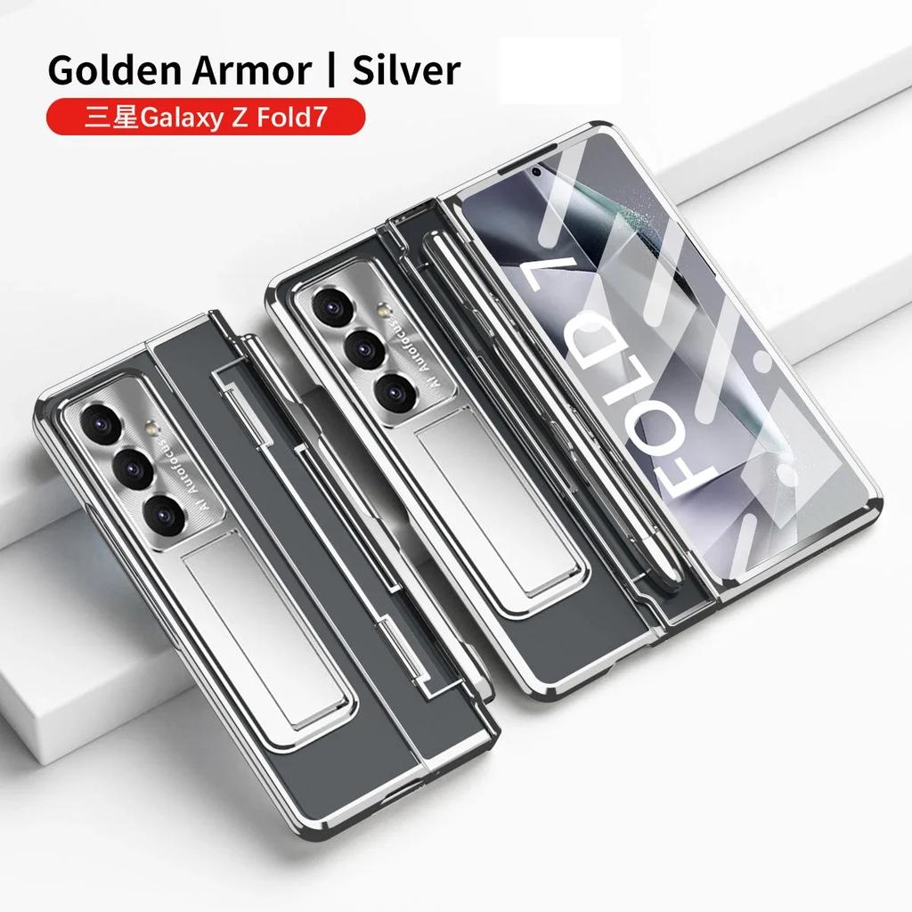 For Samsung Galaxy Z Fold 7 6Case Clear Electroplated Metal Lens Holder with Folding Hinge Tempered Film Optional Touch Pen Slot