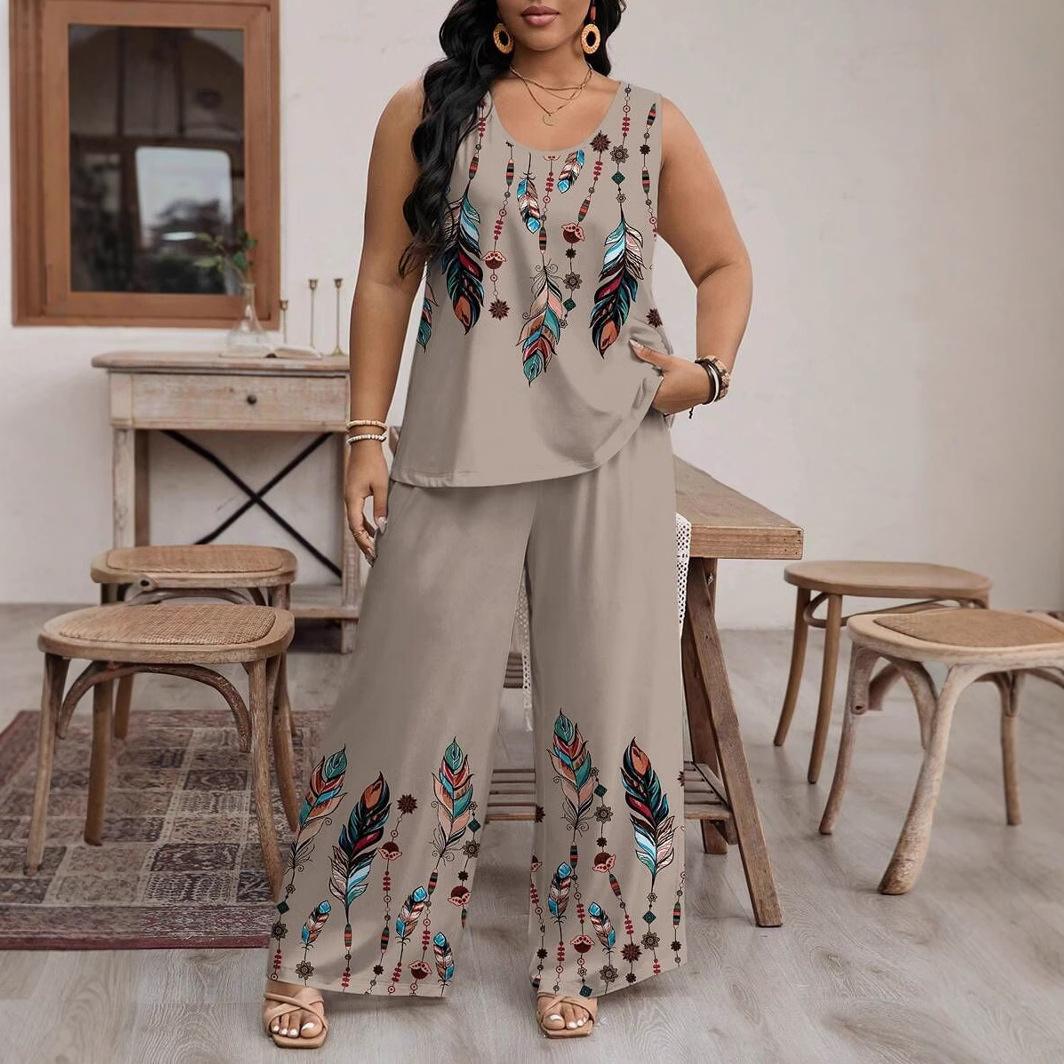 

Summer new printed sleeveless wide-leg pants women s fashion casual vacation suit 4XL світлого кольору хакі