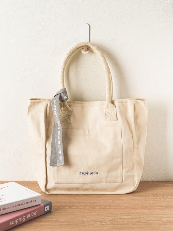 Daiso Broderi Point Bomull Skulderveske - Elfenben