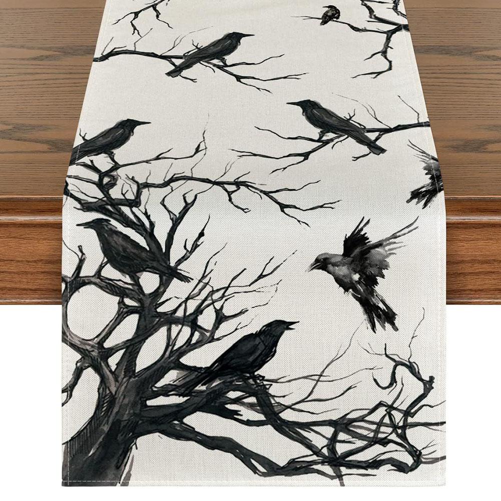 

Flax Tablecloth, Halloween Themed Design, Pumpkin Spider Web Skull Pattern, Create a Spooky Atmosphere for Your Home