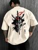 Unisex Back Print Tshirt Japanese Oni Samurai Sword Graphic Tee Ink Wash Art Crew Neck Short Sleeve Asian Streetwear Top