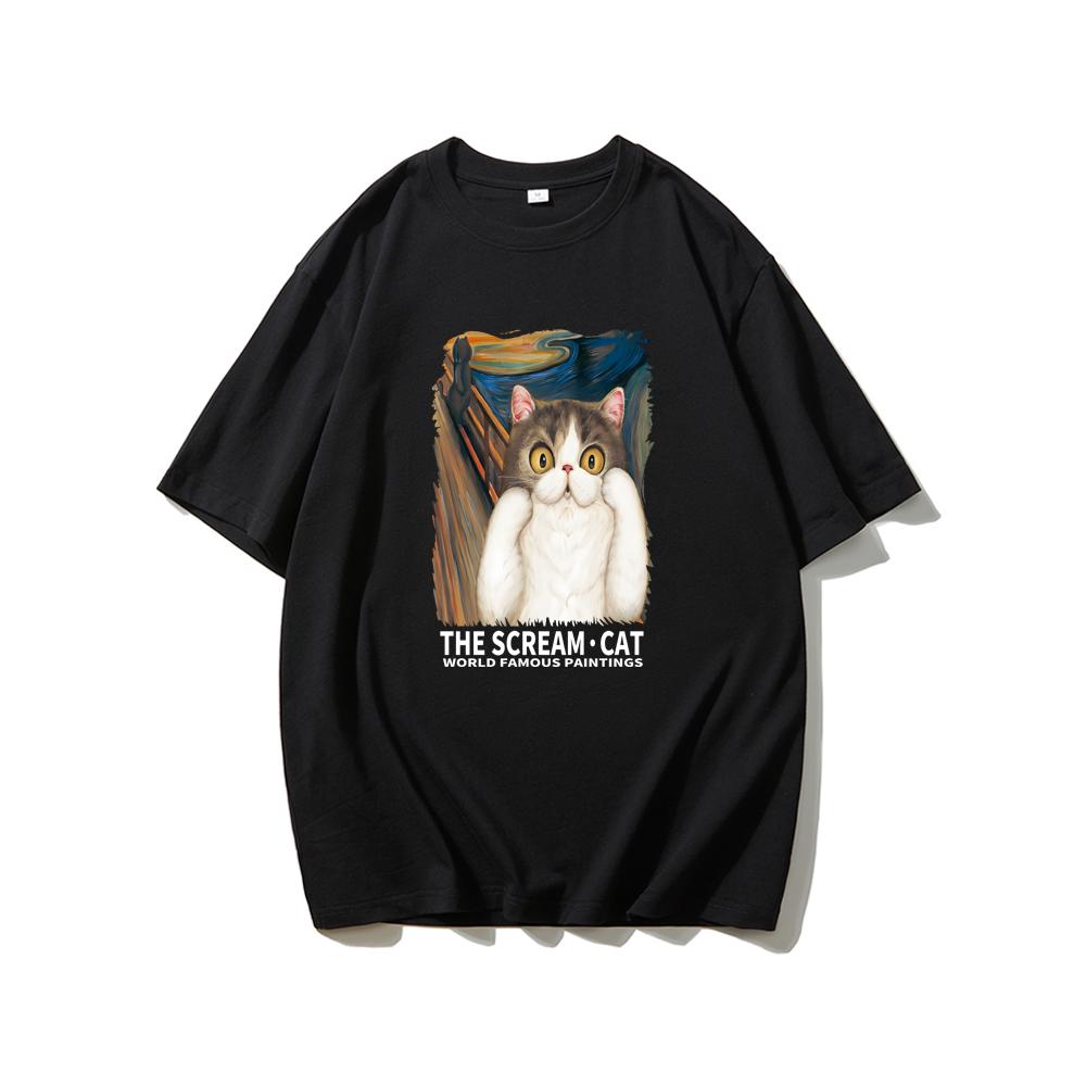 Cute Fun Cat Men's Printed Short Sleeve Summer Casual Versatile Street Atmosphere T-Shirt Cool Breathable Oversized Top