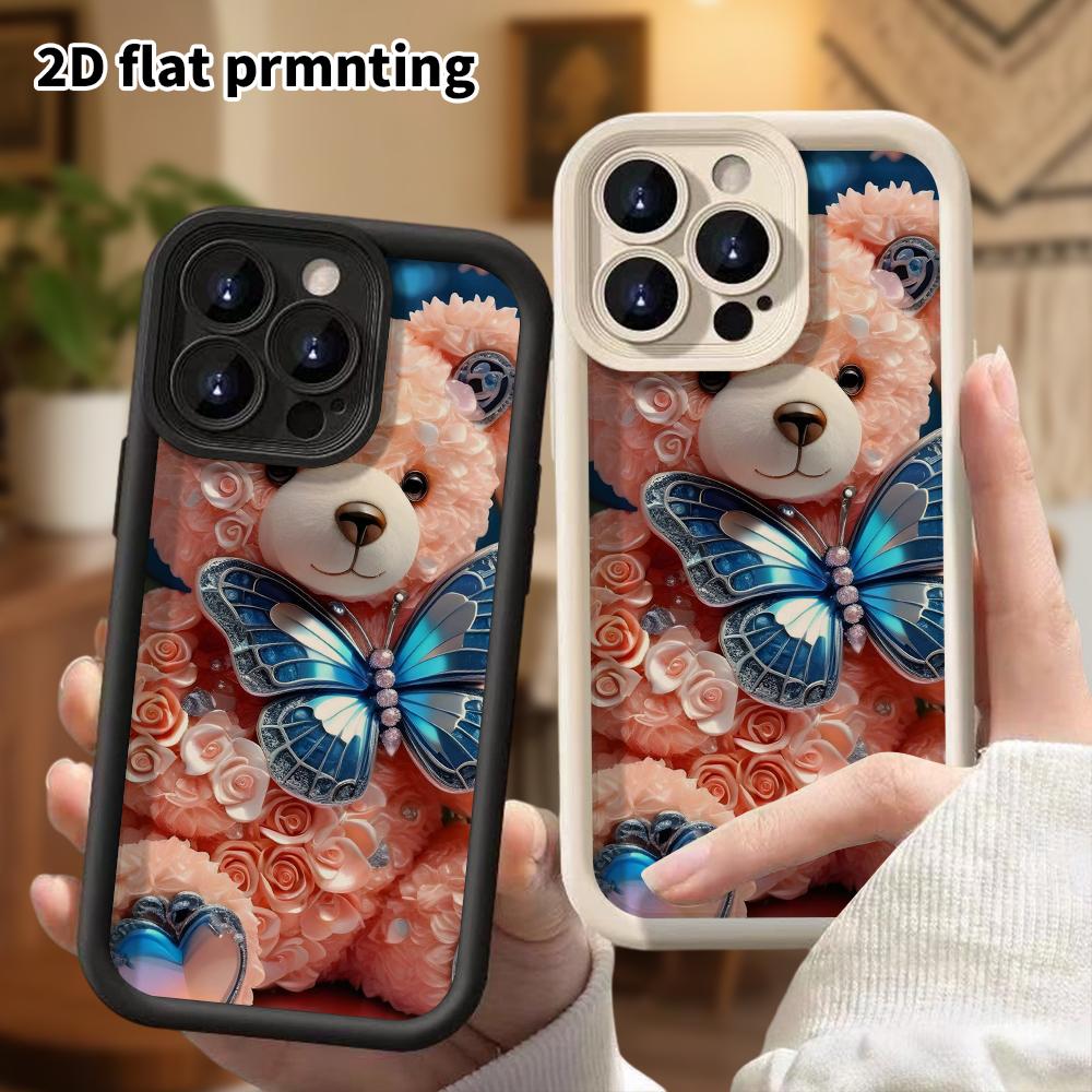 Phone Case: 2D flat design suitable for iPhone 18 17 16 15 14 13 Pro stepped protective case, rose carved pink bear, Christmas and Halloween gift