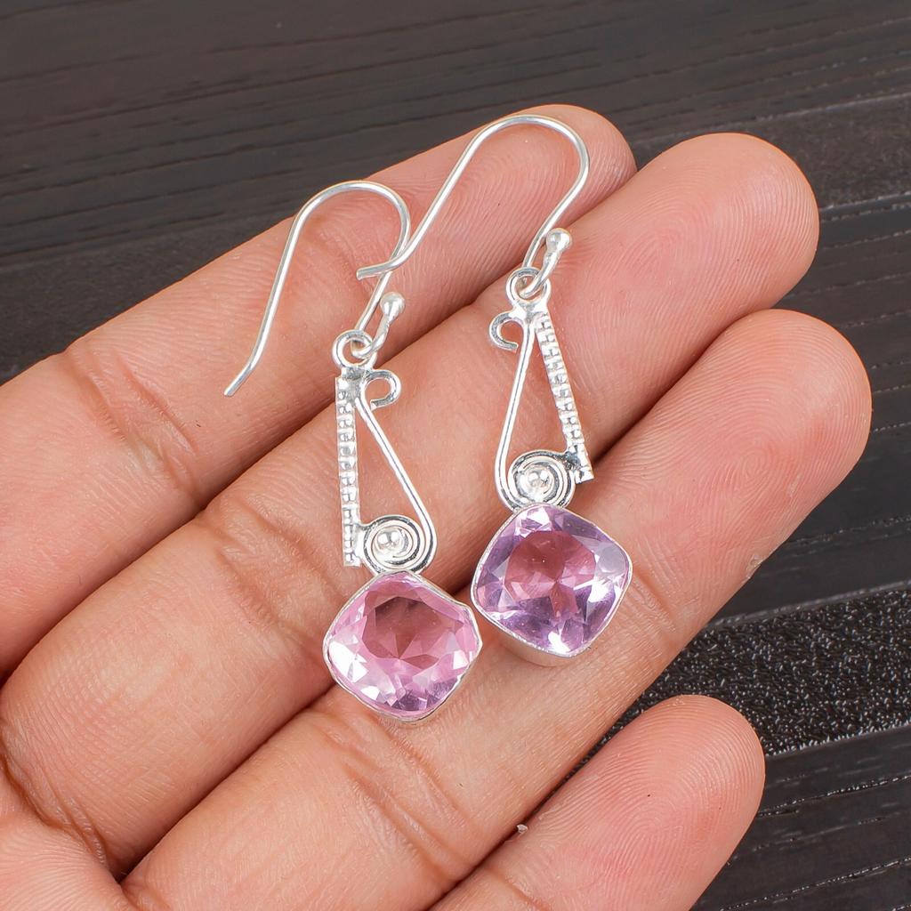 Morganite Gemstone 925 Sterling Silver Jewelry Handmade Dangle Earrings 1.90" EE-46-11