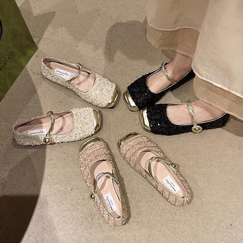 2025Rhinestone Pear Women Square Heel Flat Shoes 2025 New Shiny Buckles MaryJane Shoes Luxury Brand Ladies Versatile Casual Shoe
