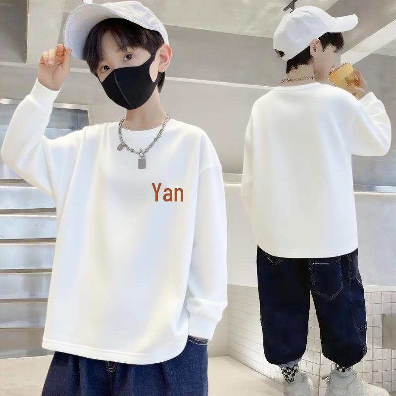 100% Cotton Boys' Long-Sleeve Autumn Casual T-Shirt - Loose Fit, Round Neck for Kids
