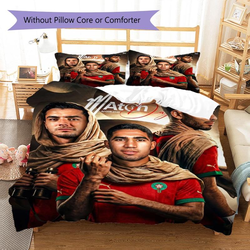 Morocco Football Team Print 3‑piece Bedding Set, Duvet Cover Set, Without Pillow Core or Comforter, Sport Fan Bedroom Decor
