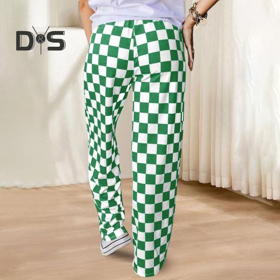 Damenhose, elastisch, hohe Taille, karierter Druck, weites Bein, Freizeithose, lockere Passform, Hose für Urlaub, Arbeit, Alltag