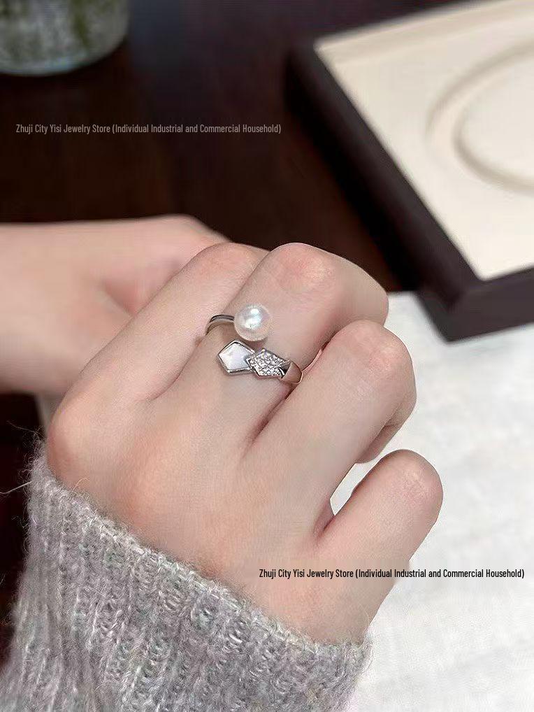 Adjustable Snake Bone Ring with 7-8mm Freshwater Pearls and Natural Mother-of-Pearl Inlay