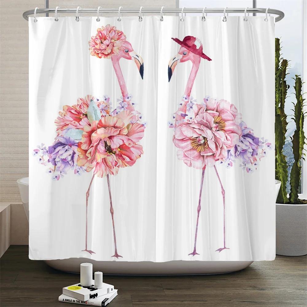Flamingo Shower Curtains Green Leaf Bathroom Waterproof Polyester Fabric Printing Shower Curtain Decoration Bath Screen