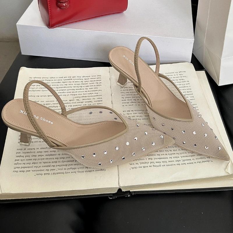 

Fashion Elegant Mesh Rhinestone Breathable Heels Women Sexy Banquet Pointed Toe Wedding Brides Shoes Luxury Design Brand Slide Sandals 40 хаки