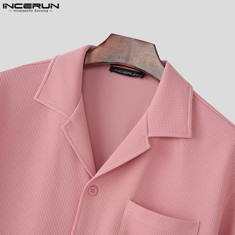 INCERUN Two Pieces Men Short Sleeve Buttons Shirts Short Pants Texture Casual Sets