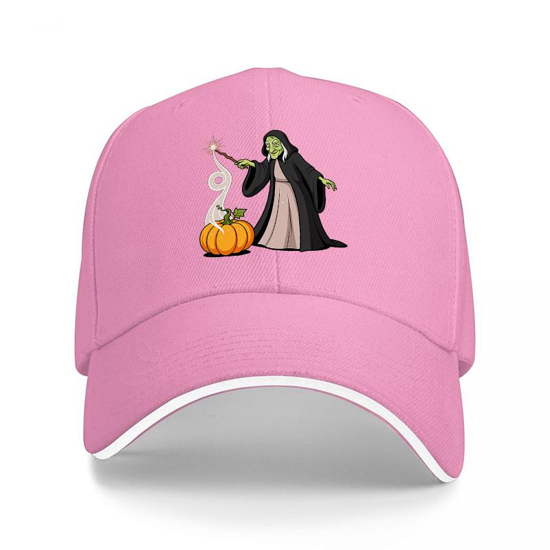 Witch and Pumpkin Halloween Baseball Cap Black Embroidered Design Magic Wand Autumn Theme Adjustable Hat for Adults