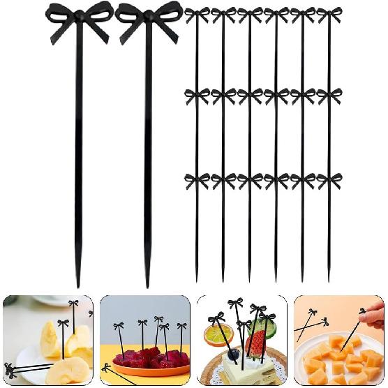 30pcs Fruit Fork Martini Skewers Black Bows Fiesta Cupcake Toppers Boy or Girl Halloween Toothpicks for Cocktails Bow Cupcake Topper Plastic Fruit
