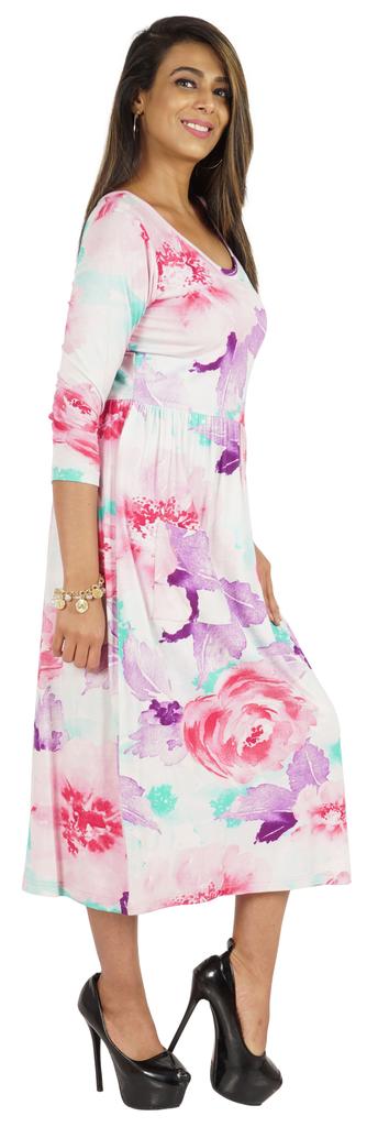 Phagun Women Summer Midi Dress Casual Loose Pockets Dress Scoop Neck Dresses