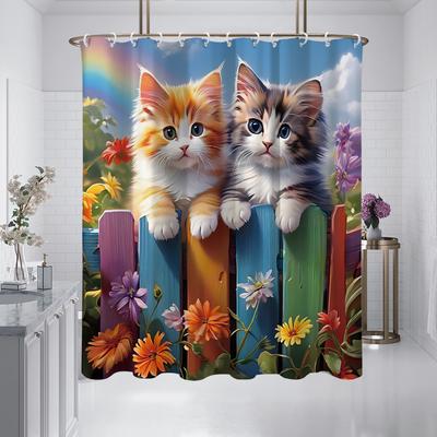 1PC Día de primavera, cortina de ducha estampada con patrón de gato, impermeable, con 12 ganchos, para duchas de baño, bañera, uso doméstico
