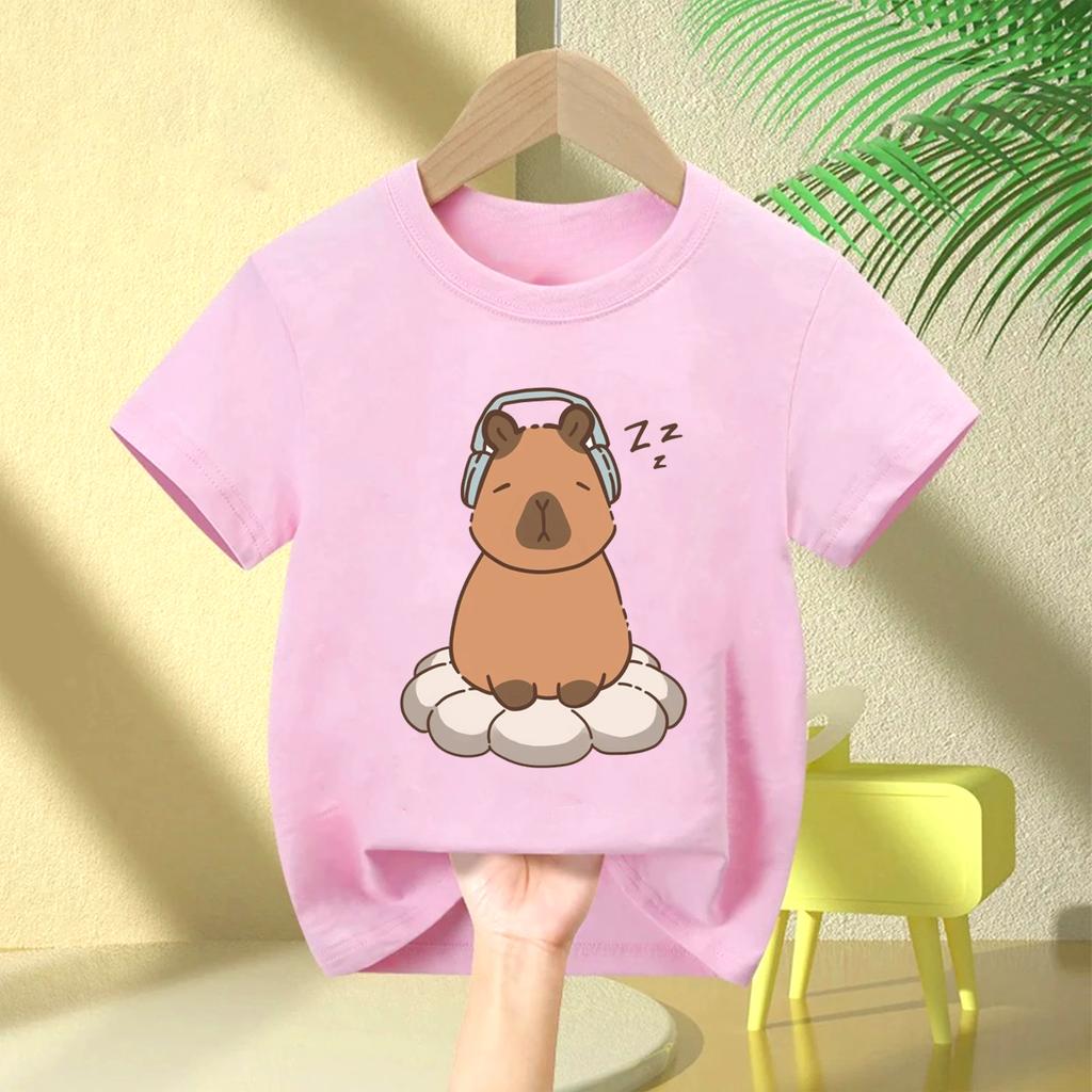 Cute Capybara Loves Bubble Tea Print Kids TShirt Summer Childrens Cartoon Shortsleeved Casual Tops Boys and Girls Clothing