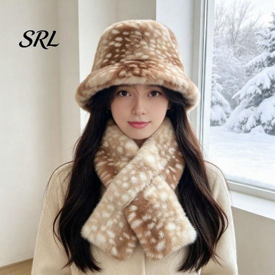 Cute Deer Print Hat Women Spotted Hat, Faux Fur Bucket Winter Scarf, Fisherman Soft Cozy Furry for Girls, Autumn Accessory Brown White Gradient