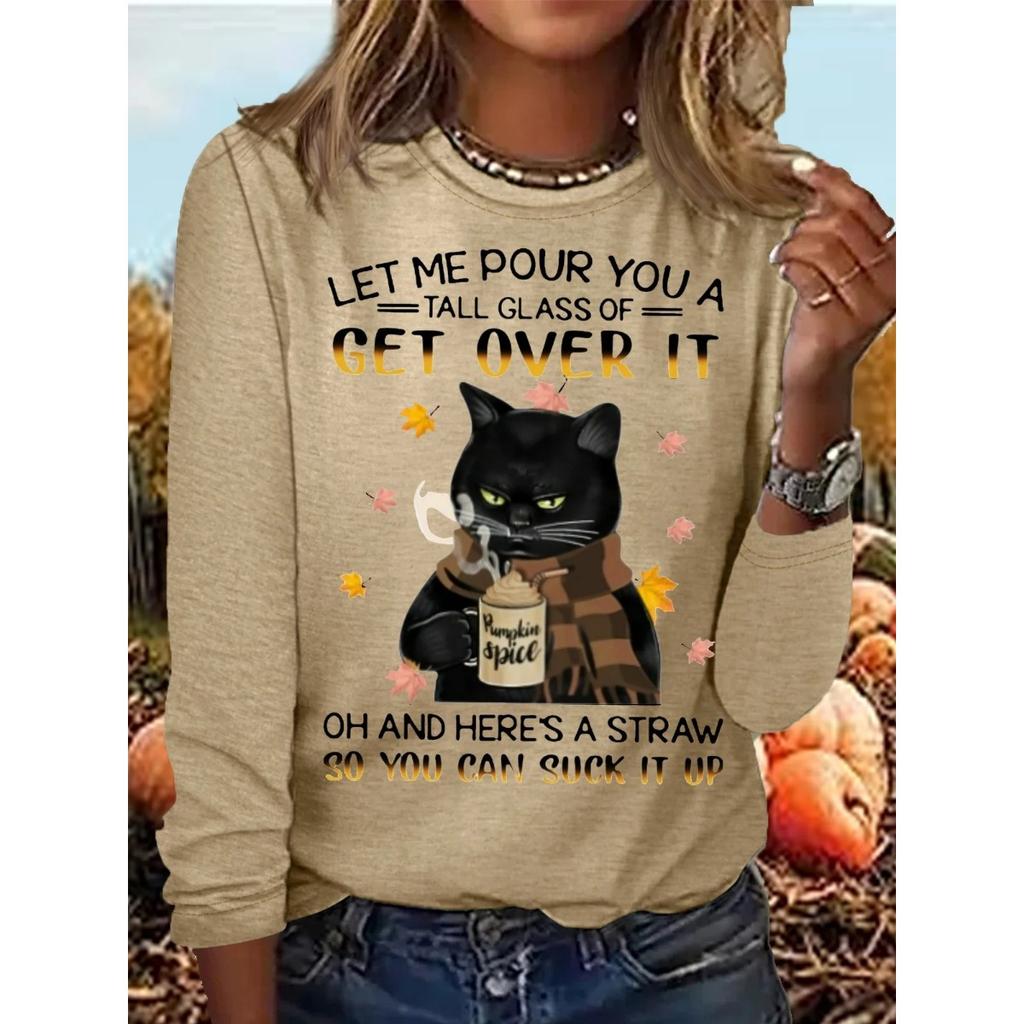 Okrągły dekolt 3D nadruk zabawny kot wzór top modny casual długi rękaw damskie koszulki