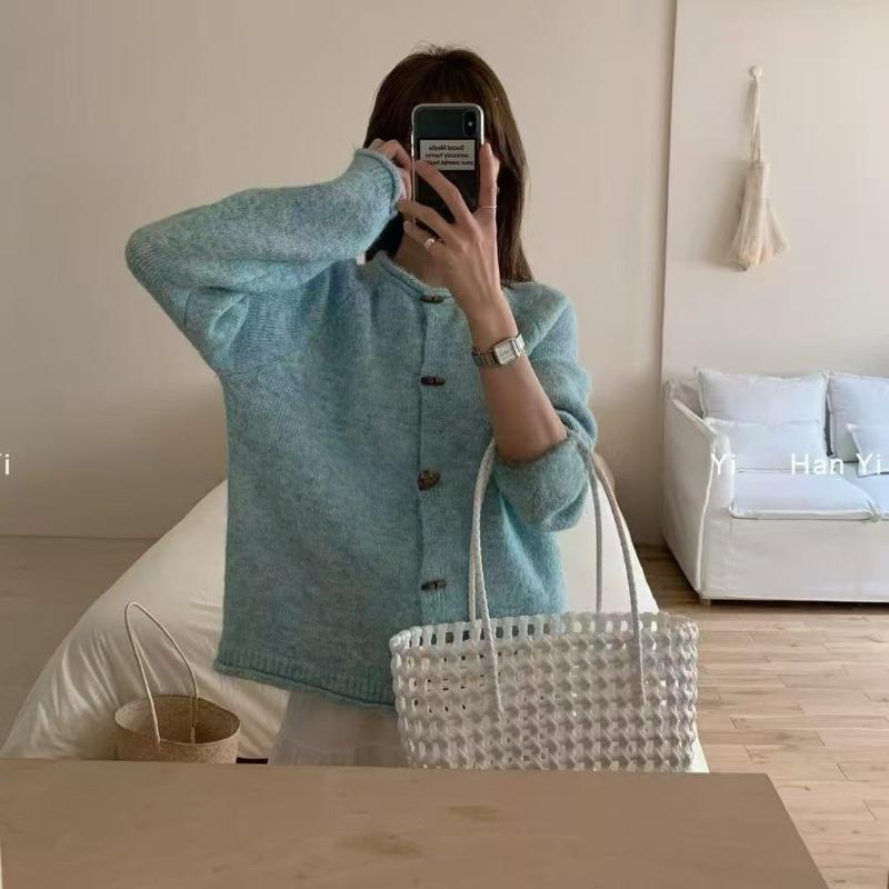 Retro spring new versatile fashion crew neck loose long-sleeved knitted sweater cardigan jacket