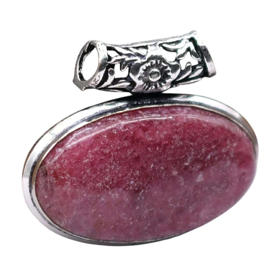 Rhodonite Natural Gemstone Antique Silver Plated Pendant 1.5" J 1795
